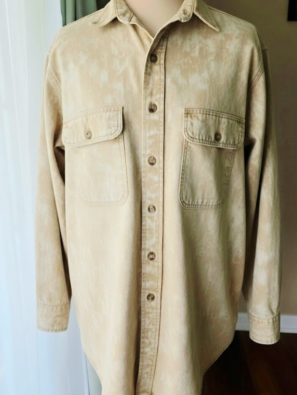 Vtg Carhartt Acid Wash Denim Work Shirt L USA Made Union Button Up Tan Beige‎